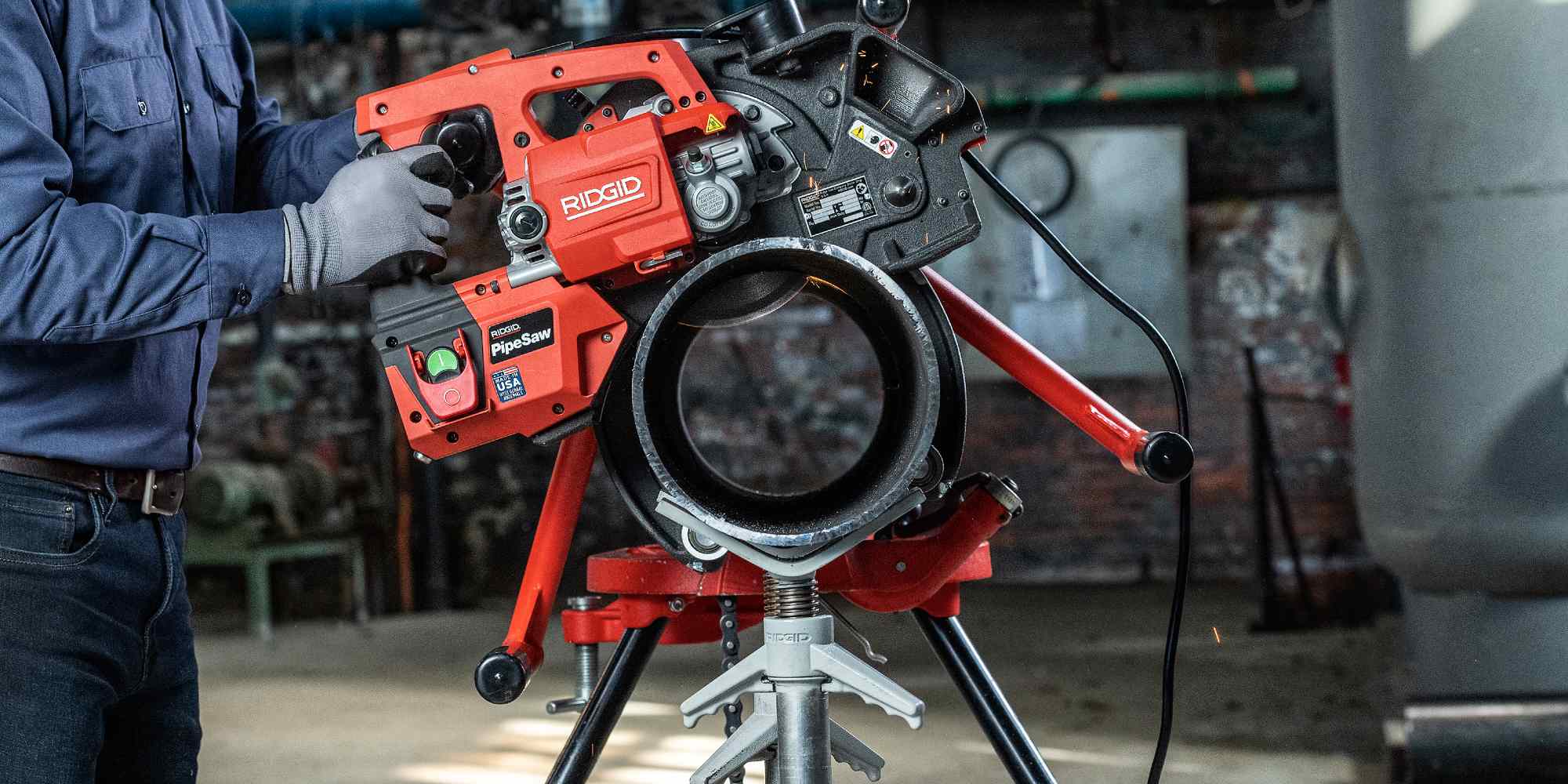 RIDGID Press Tool on pipe in boiler room