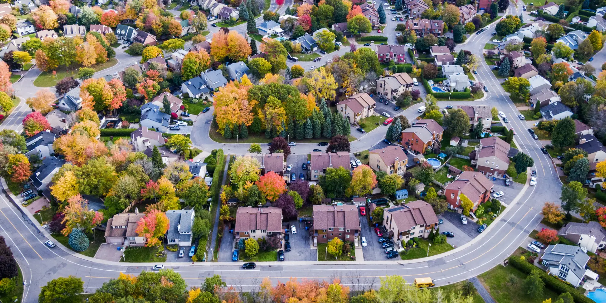 aerial view of a suburban neighbourhood in the autumn